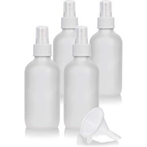 JUVITUS 4 oz Frosted Clear Glass Boston Round Bottle with White Fine Mist Sprayer (4 Pack) + Funnel