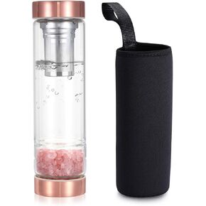 Yoption Crystal Water Bottle, Rose Quartz Healing Glass Water Bottle, Includes a Loose Leaf Tea Infuser Bottle and Protective Sleeve