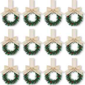 12 Pcs Christmas Kitchen Cabinet Wreaths with Ribbon 3.94 Inch Mini Christmas Wreath Small Kitchen Wreath with Berry and Bows Greenery Wreath for Window Door (Linen)