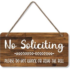 SmartSign 'No Soliciting Please Do Not Knock or Ring Bell' Wooden Hanging Sign with Rope - 6" x 12" Wall Décor with Handwritten Font For Entrance Door, Garden, Office, HOA, White on Rustic Background