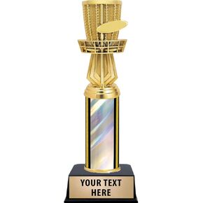 11" Disc Golf Silver Column Trophy, Trophy Award with Frisbee & Basket - Add Your Own Engraving Prime