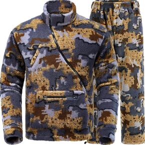 Quiet Whitetail Deer Bow Hunting Clothes for Men, Cold Weather Wind Proof Camo Hunting Jacket and Pants with Fleece