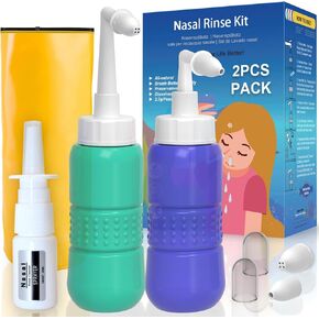 TONELIFE 2PCS-Pack Nose Wash Bottle with 2 Soft Nozzles Sinus Rinse System Nasal Cleaner Neti Pot Sinus Rinse Kit Without Nasal Rinse Mix(Blue+Green)