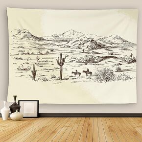 Mountain Tapestry Wall Hanging Western American Wild West Desert Cowboys Sketch Landscape Wall Tapestry Wall Decor For Bedroom Living Room Outdoor Wall Art 50x60 Inch