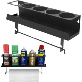 5 Spray Can and Paper Towel Holder, Black Wall Mount Steel Aerosol Paper Towel Shelf, Paint Bottle Storage Rack, Tool Organizer for Garage, Workspace and Home