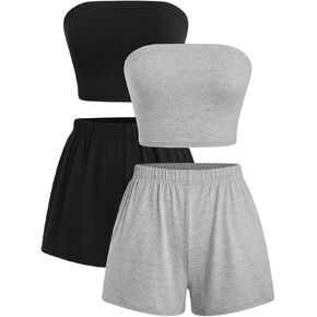 MakeMeChic Women's 4 Piece Workout Outfits Cropped Tube Tops and Elastic Waist Track Shorts Set