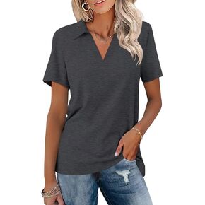ORANDESIGNE Women's Short Sleeve V Neck Polo Shirts Summer Collared Tops Casual Loose Tees Orange Pink