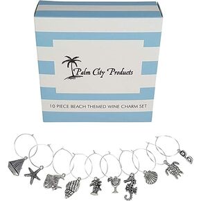 مجموعة Palm City Products مكونة من 10 قطع من سحر النبيذ على شكل شاطئ - سحر زجاجي للنبيذ ذو جذع بحري