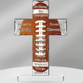 Seeloowy Acrylic Football Cross Gifts Football Accessories for Men Inspirational Football Cross Gifts with Bible Verse Football Religious Scripture Gifts for Football Players Lovers
