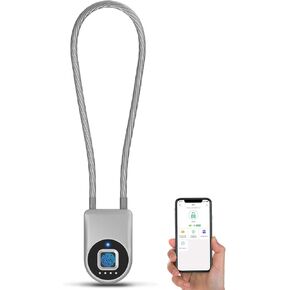 Fingerprint Cable Lock, 14" Long Shackle Keyless Entry Biometric Waterproof Bluetooth Smart Combination Padlock for Gate Outdoor Fence Fridge Cabinet Locker Pool Yard Pantry Bike - Silver