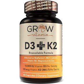 grow vitamin D3 K2 w/MCT Oil - 10,000 IU D3, 100 mcg K2 MK7, Calcium, Zinc, BioPerine, Magnesium for Superior Absorption - 60 Capsules