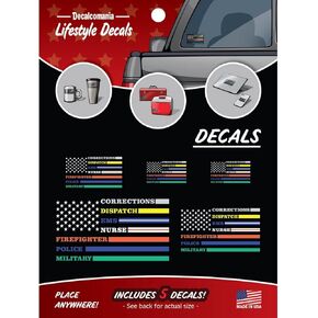 Multi-Color Thin Line Flag Decals Set of 5 Stickers - Corrections, Dispatch, EMS, Nurse, Firefighter, Police, Military - Gray Yellow Blue Red Green Thin Line Flag Stickers