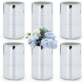 Hushee 6 Pcs Disco Ball Vase Disco Planter Cylinder Glass Vase Mirror Tiles Disco Vase Modern Disco Planter Pot Candle Holder for Wedding Centerpieces Christmas Birthday Gift Bedroom Decoration (6'')
