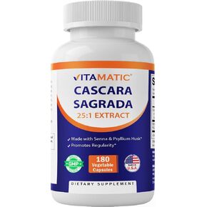 Vitamatic Cascara Sagrada 25:1 Extract, 5000 mg Equivalent Strength Per Serving, Made with Senna & Psyllium Husk - 180 Veg Capsules - Concentrated 25X Potency - All Natural - Non-GMO