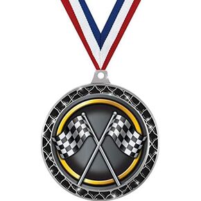 Racing Black Trellis Medal Silver, 2.5" Checkered Flags Race Prizes, Kids Car Racing Trophy Medal Awards Prime