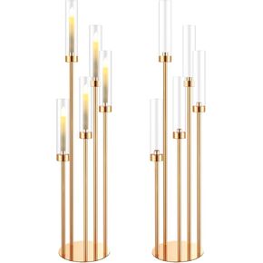 Tessco 2 Set Floor Candelabra 5 Arm 42.5'' Tall Candle Holder, Candelabra Centerpieces for Tables, Metal Candlestick Set with Acrylic Lampshade for Wedding Party Home Decoration (Gold)