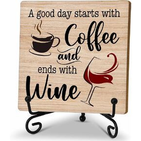 Coffee And Wine Desk Decor Sign, Rustic Wooden Sign With Stand, A Good Day Starts With Coffee And Ends With Wine Sign For Farmhouse Home Kitchen Bar Shelf Table, Gifts For Family Friend Coworker, C18