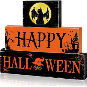 Halloween Black Cat Wooden Table Signs 3 Layered, Happy Halloween Sign Decorations, Spooky Wooden Ornaments Rustic Wooden Blocks Tabletop Decor for Home Tiered Tray Table Shelf Decor