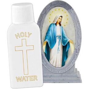 Needzo Holy Water Bottle with Holder, Our Lady of Grace Stand and Religious Container, Virgin Mary Devotional, 2 Ounces