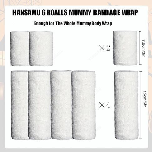 6 Rolls Halloween Mummy Bandage Wrap,2 Sizes Self Adhesive Stretch Zombie Gauze Rolls for Women Men Halloween Mummy Cosplay Costume Wrap Decorations（Enough Whole Body） in Saudi Arabia