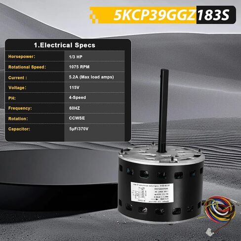 محرك منفاخ 5KCP39GGZ183S، 1/3 حصان 115 فولت، محرك منفاخ الفرن HC41AE117، 1075 دورة في الدقيقة، 5.2 أمبير، 60 هرتز متوافق مع الناقل HC41SE122A، HC41AE117A وGE Genteq in Kuwait