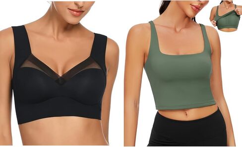 حمالات صدر رياضية نسائية من WOWENY بدون خياطة بدون أسلاك، حمالات صدر رياضية طويلة للنساء، أسود + أخضر M in Kuwait