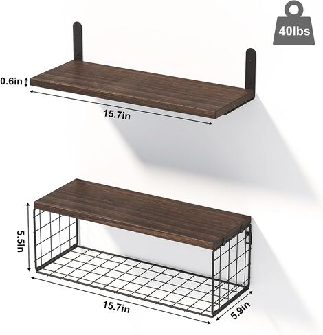 Fixwal 5+1 Tier Bathroom Floating Shelves, Wall Mounted Wood Shelves Over Toilet with Wire Storage Basket, Rustic Wall Decor for Bedroom, Kitchen, Living Room (Dark Brown) in Saudi Arabia