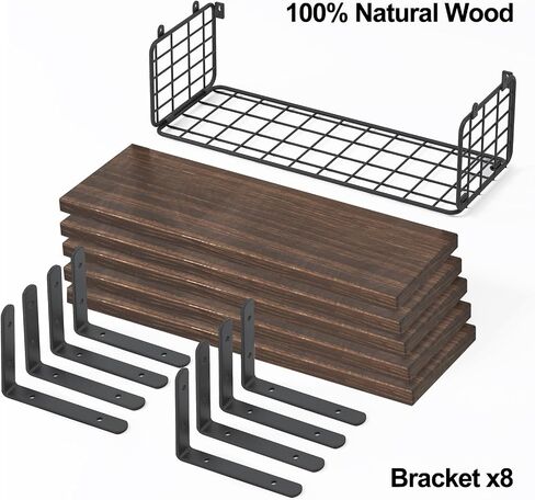 Fixwal 5+1 Tier Bathroom Floating Shelves, Wall Mounted Wood Shelves Over Toilet with Wire Storage Basket, Rustic Wall Decor for Bedroom, Kitchen, Living Room (Dark Brown) in Saudi Arabia