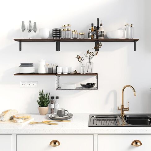 Fixwal 5+1 Tier Bathroom Floating Shelves, Wall Mounted Wood Shelves Over Toilet with Wire Storage Basket, Rustic Wall Decor for Bedroom, Kitchen, Living Room (Dark Brown) in Saudi Arabia
