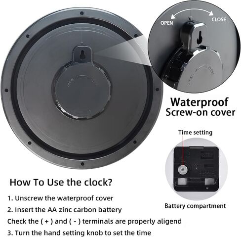 12 Inch Sealed Indoor Outdoor Waterproof Wall Clock, Dustproof Silent Non-Ticking Battery Operated Quality Quartz Round Clock, Wall Decorative for Patio, Pool, Bathroom (Black) in Saudi Arabia