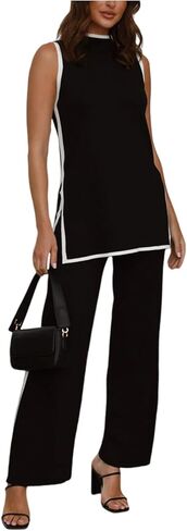 Wyeysyt Lounge مجموعات للنساء سترة 2 قطعة ملابس سترة بلا أكمام سترة علوية واسعة الساق السراويل مطابقة مجموعة رياضية (أسود-M) in Kuwait
