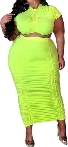 FYEARFOX Women's Plus Size Two Piece Outfits Sexy Ruched Bodycon Midi Dress Short Sleeve Party Night Clubwear in Kuwait