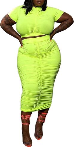 FYEARFOX Women's Plus Size Two Piece Outfits Sexy Ruched Bodycon Midi Dress Short Sleeve Party Night Clubwear in Kuwait