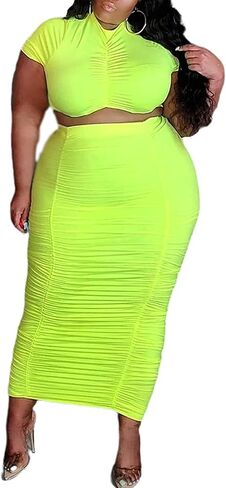 FYEARFOX Women's Plus Size Two Piece Outfits Sexy Ruched Bodycon Midi Dress Short Sleeve Party Night Clubwear in Kuwait