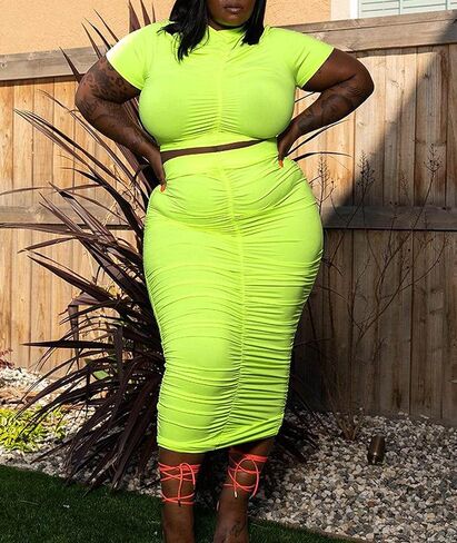 FYEARFOX Women's Plus Size Two Piece Outfits Sexy Ruched Bodycon Midi Dress Short Sleeve Party Night Clubwear in Kuwait