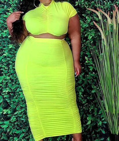 FYEARFOX Women's Plus Size Two Piece Outfits Sexy Ruched Bodycon Midi Dress Short Sleeve Party Night Clubwear in Kuwait