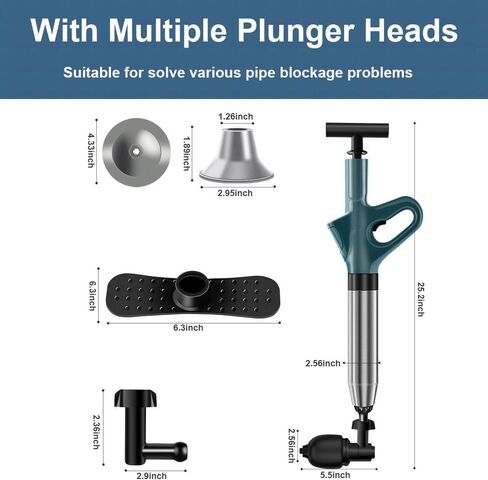 مكبس تصريف هواء المرحاض، مكبس هواء قوي بضغط 360 درجة، أداة إزالة انسداد الصرف مع مقياس البارومتر لأنابيب المطبخ المسدودة، الفولاذ المقاوم للصدأ (رمادي) in Kuwait