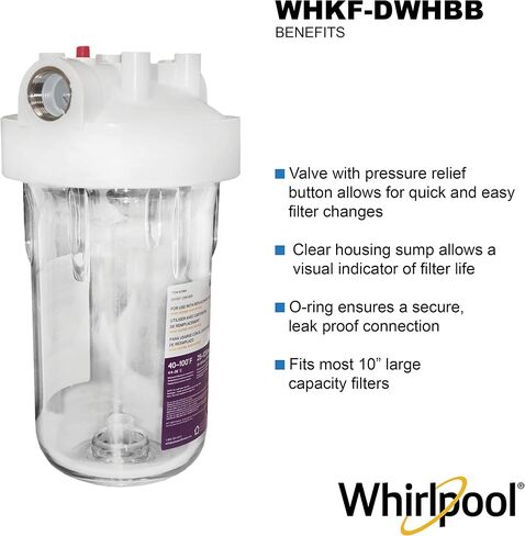 Whirlpool Large Capacity 10" x 4.5" Whole House Water Filter System WHKF-DWHBB, 1" Port, NSF Certified Reduces Sediment, Sand, Soil, Silt, Rust, Includes Filter Housing, Installation Kit & Timer in Kuwait