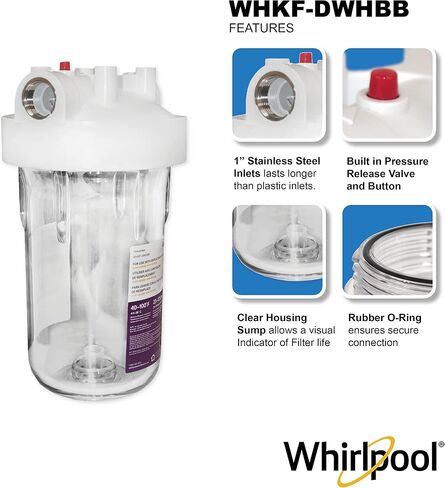 Whirlpool Large Capacity 10" x 4.5" Whole House Water Filter System WHKF-DWHBB, 1" Port, NSF Certified Reduces Sediment, Sand, Soil, Silt, Rust, Includes Filter Housing, Installation Kit & Timer in Kuwait