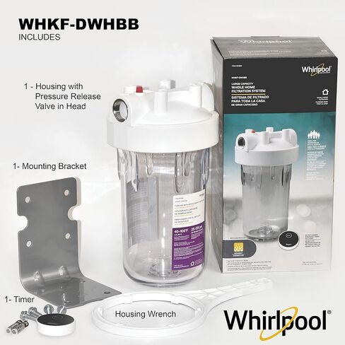 Whirlpool Large Capacity 10" x 4.5" Whole House Water Filter System WHKF-DWHBB, 1" Port, NSF Certified Reduces Sediment, Sand, Soil, Silt, Rust, Includes Filter Housing, Installation Kit & Timer in Kuwait