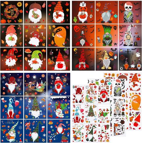 Thenshop 27 Sheets Christmas Halloween Fall Gnome Window Clings Cute Gnomes Pumpkins Bat Xmas Tree Window Decals Double Sided Window Stickers for Autumn Thanksgiving Home Classroom Decor in Saudi Arabia