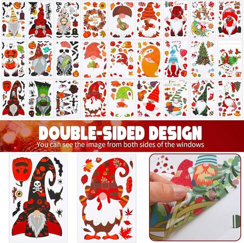Thenshop 27 Sheets Christmas Halloween Fall Gnome Window Clings Cute Gnomes Pumpkins Bat Xmas Tree Window Decals Double Sided Window Stickers for Autumn Thanksgiving Home Classroom Decor in Saudi Arabia