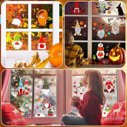 Thenshop 27 Sheets Christmas Halloween Fall Gnome Window Clings Cute Gnomes Pumpkins Bat Xmas Tree Window Decals Double Sided Window Stickers for Autumn Thanksgiving Home Classroom Decor in Saudi Arabia