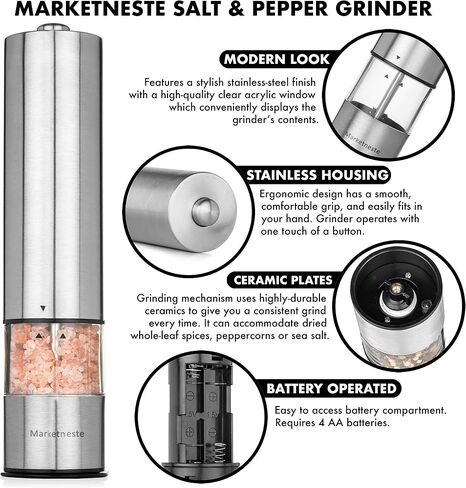 Pepper Grinder with Light - Battery Operated Pepper or Salt Mill - Stainless Steel - Easy Grip - Easy to Use - Sleek Modern Design, Adjustable Coarseness, One Handed Operation, in Saudi Arabia