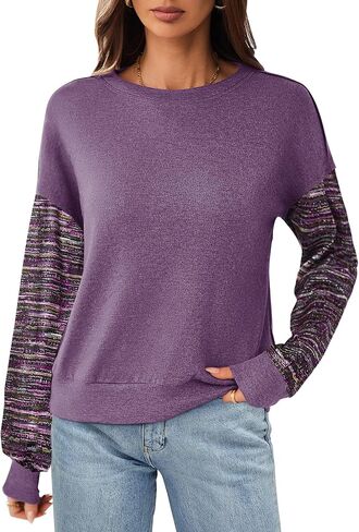 Halife Womens Long Sleeve Tops Casual Crew Neck Cropped Sweatshirts Multi Color Striped Sleeves Loose shirts Fall Outfits in Saudi Arabia