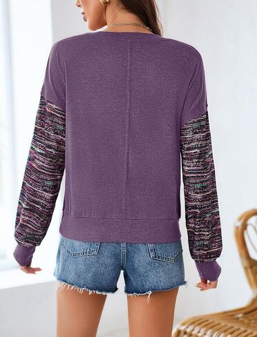 Halife Womens Long Sleeve Tops Casual Crew Neck Cropped Sweatshirts Multi Color Striped Sleeves Loose shirts Fall Outfits in Saudi Arabia