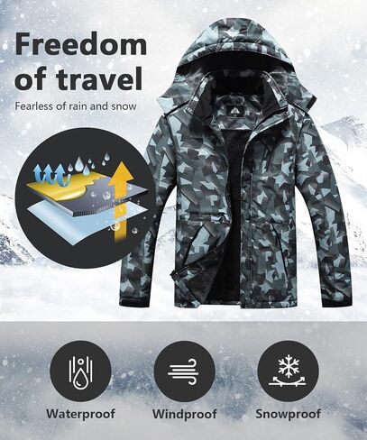 Men's Mountain Winter Coat Warm Fleece Ski Snow Jacket Waterproof Raincoat with Hood, Medium, Army Green Camo in Saudi Arabia
