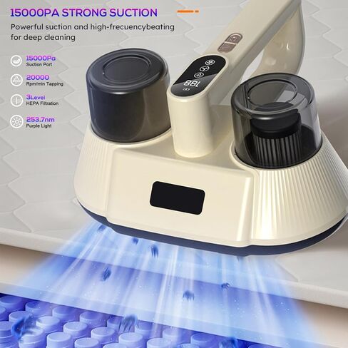 Bed Vacuum Cleaner,15Kpa Handheld Mattress Vacuum Cleaner with Purple Light, Lightweight and Rechargeable Vacuum with HEPA Filter for Bed Cleaning, Fabric Sofa, Pet Hair (3 Filters) in Saudi Arabia