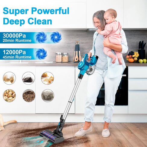 Cordless Vacuum Cleaner, 10-in-1 30Kpa Powerful Cordless Stick Vacuum, Rechargeable Cordless Vacuum 45min Runtime, Lightweight Vacuum Cleaners for Home Carpet Floor Pet Hair (Blue) in Saudi Arabia