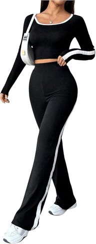 GORGLITTER Women's 2 Piece Outfit Striped Trim Outfit Long Sleeve Crop Top Tee Track Pants Set in Saudi Arabia